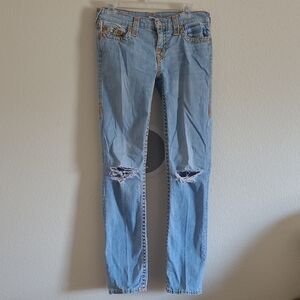 Tru Religion Blue Skinny Jeans with Distressed Knees Size 28